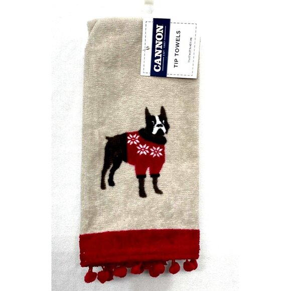 French Bulldog Hand Towel Wearing Christmas Winter Sweater Pom Pom Trim Cute - Picture 1 of 6
